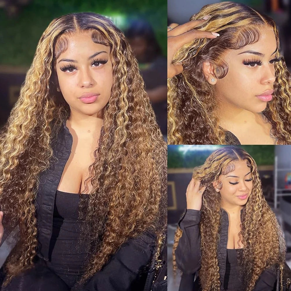 Highlight P4/27 Color Deep Wave Wig With 4c Edges Curly Baby Hair 28INCH 4x4 Lace Closure Deep Curly Human Hair Wigs Pre Plucked