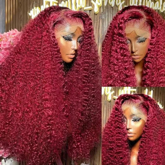250% Density 34Inch 13x4 99J Burgundy Jerry Curly Lace Front Wigs Human Hair Red Wine Pre-plucked With Baby Hair For Women