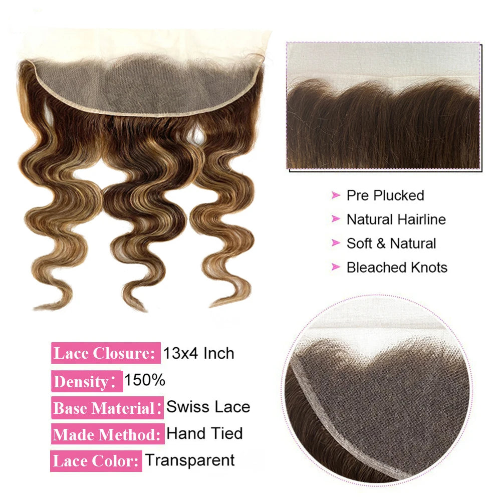 Highlight Bundles With Closure Frontal Brazilian Body Wave Ombre Blonde Human Hair Tissage Bundle With 13x4 Frontal P4/27 Color
