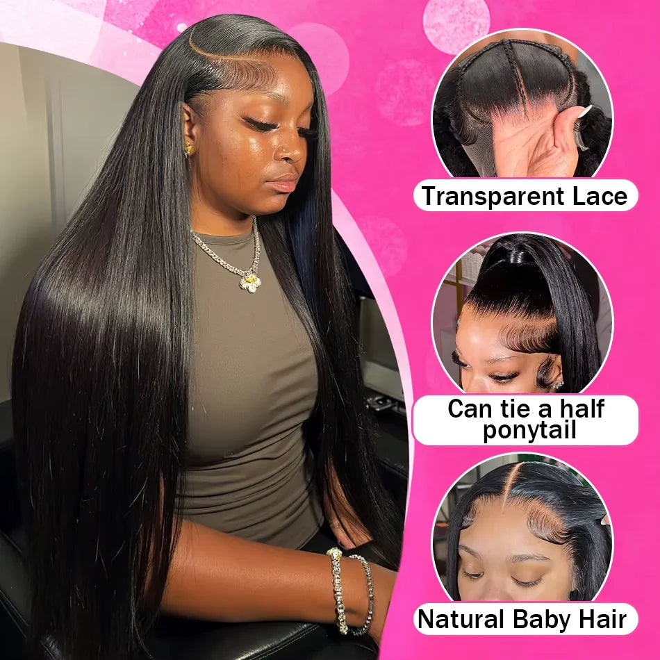 Peruvian 300% Density Black Straight 13x4 13x6 Lace Frontal Human Hair Wigs 30 36 Inch Pre Plucked 5x5 Glueless Wigs For Women