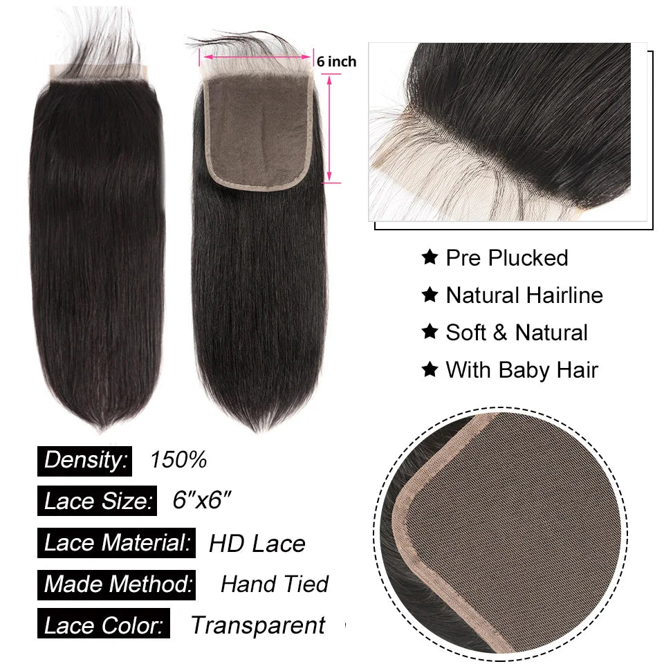 AliPearl Hair Straight Human Hair Bundles With 6x6 Closure Brazilian Human Hair Weave 3 Bundles with Transparent Lace Closure