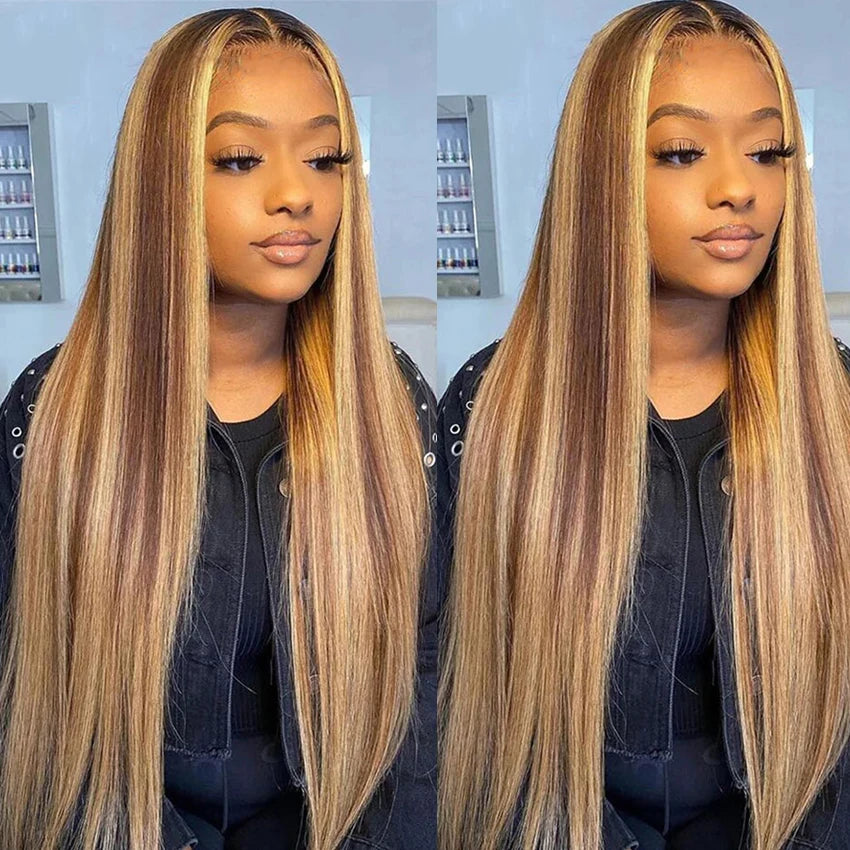 Lemoda Ombre Highlight Human Hair Wigs Virgin Brazilian Bone Straight HD Transparent Human Hair Lace Front Wigs for Black Women