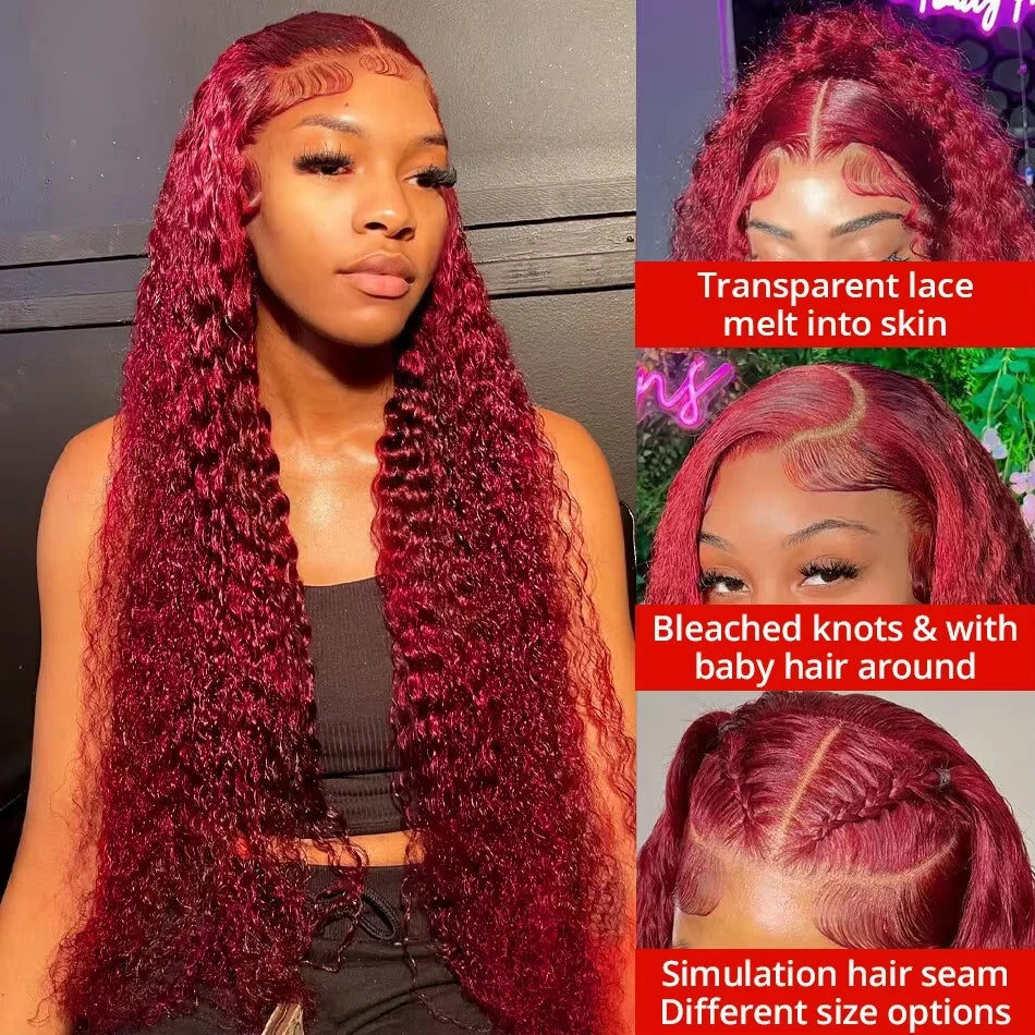 99J Burgundy 13x6 Hd Lace Frontal Wig Water Wave Curly 13x4 Red Remy Human Hair Preplucked Brazilian Colored Hair Wigs For Women