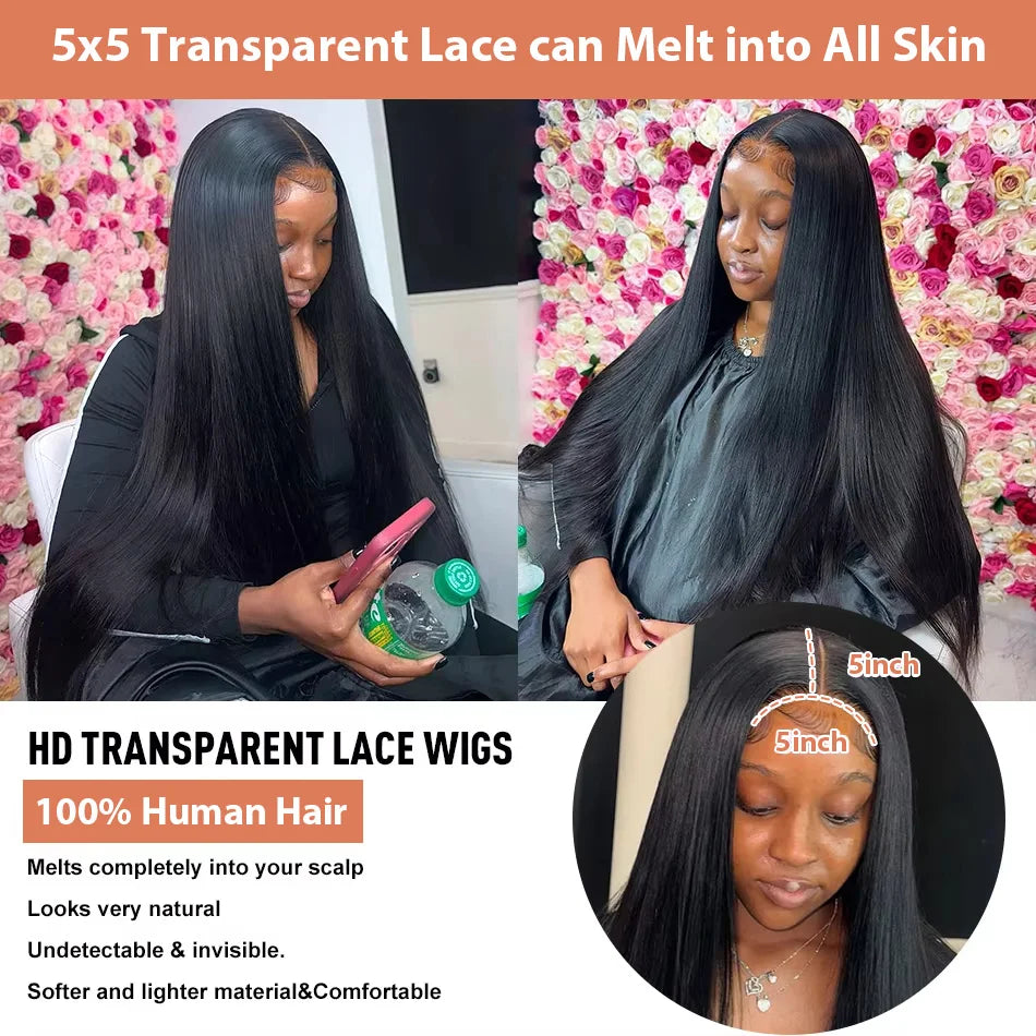 20 Inch Straight Glueless 13x4 Transparent Lace Front Wigs 100% Human Hair Pre Plucked 220 Density 5x5 Closure Wigs