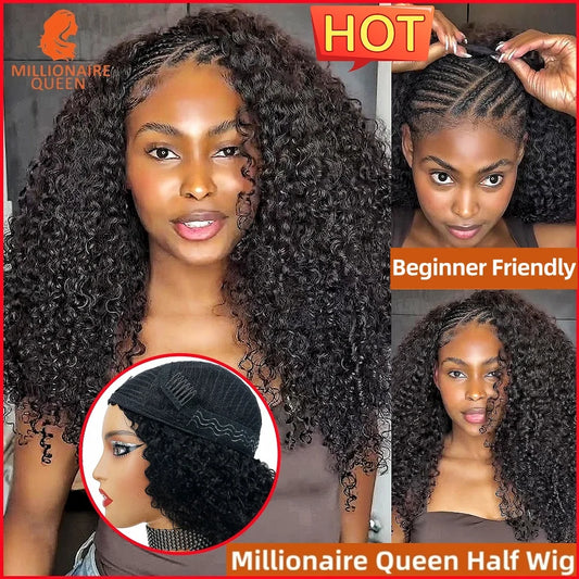Millionaire Queen Half Wigs Wear and Go Beginner Friendly Burmese Pixie Curly Half Wig 300% Clip Ins Flip Over Glueless Wigs