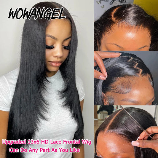 WOWANGEL 1# Jet Black Layer Cut Straight Wigs 250% 13x6 HD Lace Front Wigs Human Hair Pre Bleached Brazilian Hair For Women
