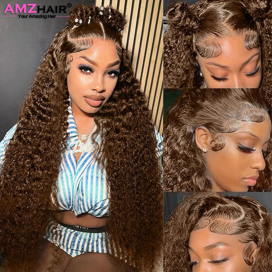 Chocolate Brown Kinky Curly 13X4 13X6 Lace Front Human Hair Wigs Pre Plucked Colored Wigs Human Hair 4X4 Lace Closure Brown Wigs