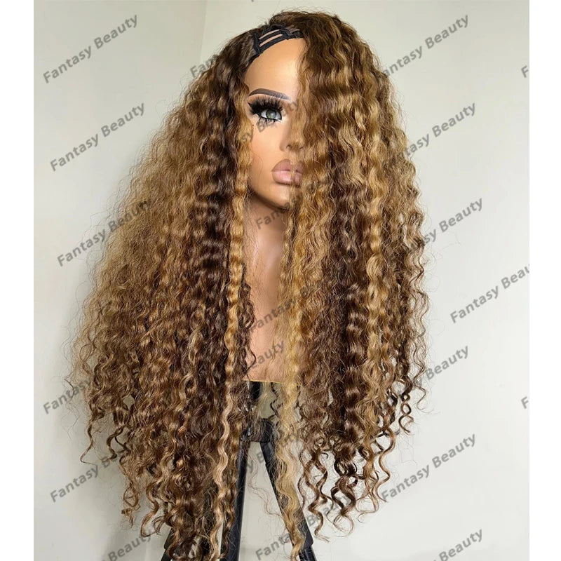 Long 30Inches Highlight #4/#27 Honey Blonde 1x4 Opening U Part Wigs 100% Human Hair Full Ends Glueless 200Density V Part Wigs