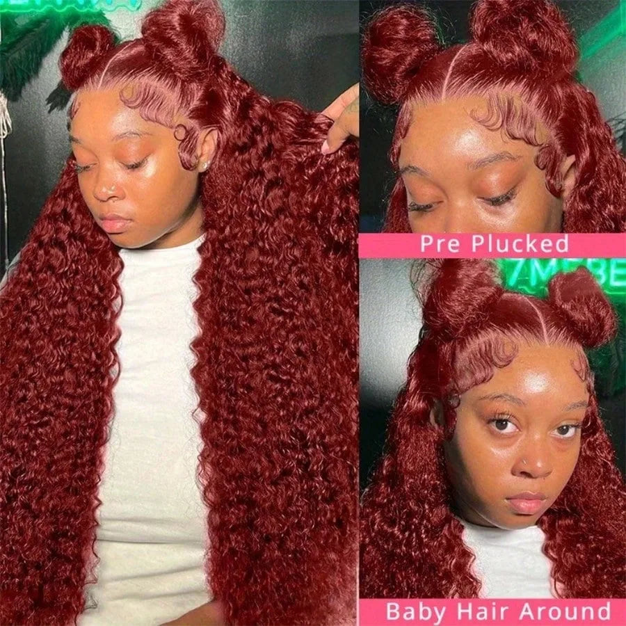 250% Density 34Inch 13x4 99J Burgundy Jerry Curly Lace Front Wigs Human Hair Red Wine Pre-plucked With Baby Hair For Women