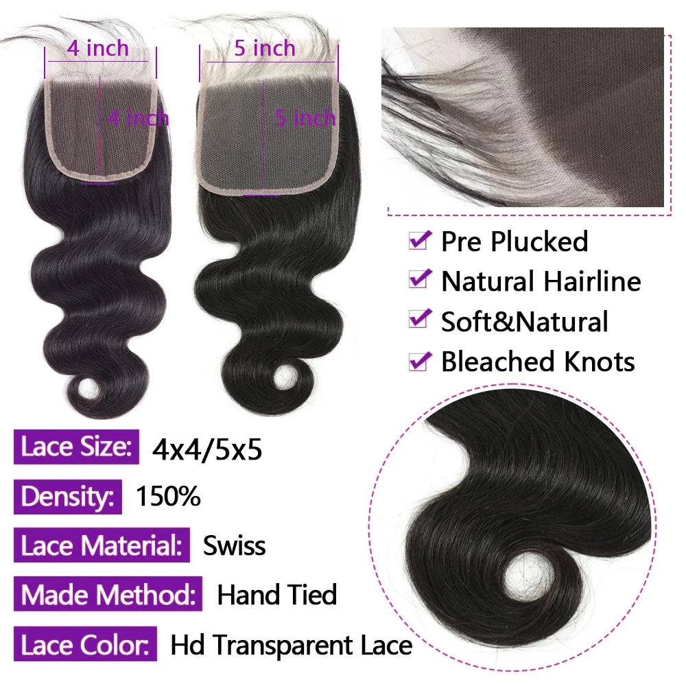 Body Wave Bundles With Closure Human Hair with 4x4/5x5 Lace Closure Hair Extension 3/4 Bundles With Closure 3-5 Days Delivery