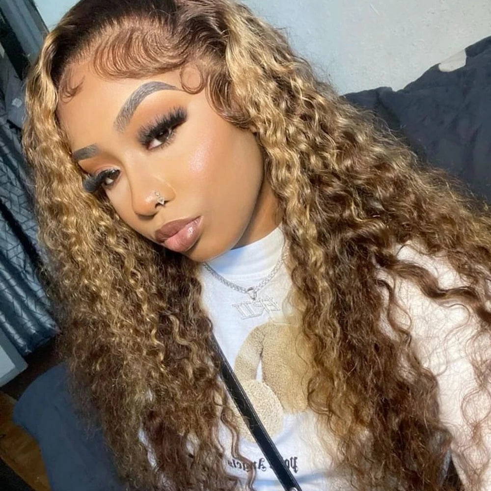 Highlight P4/27 Color Deep Wave Wig With 4c Edges Curly Baby Hair 28INCH 4x4 Lace Closure Deep Curly Human Hair Wigs Pre Plucked