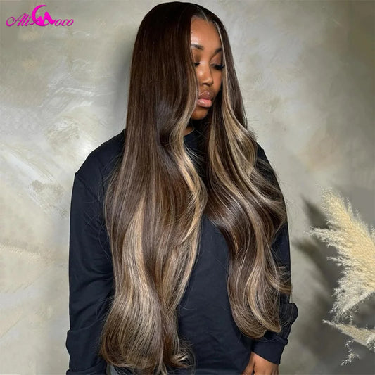 Brown Highlights Blonde Body Wave Human Hair Wig 13x6 Transpaprent Lace Front Wigs Human Hair Preplucked 5x5 Lace Closure Wig
