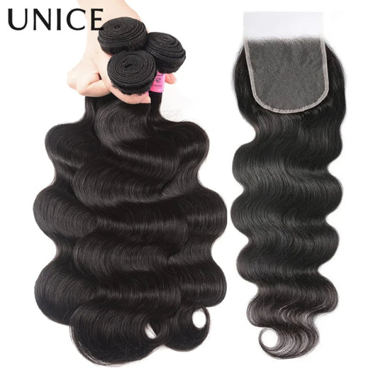 UNice Body Wave Bundles With Clousre 100% Human Hair Bundles 2/3/4 PCS With 1PC 4x4 Lace Closure Can Make 300% Density Wigs