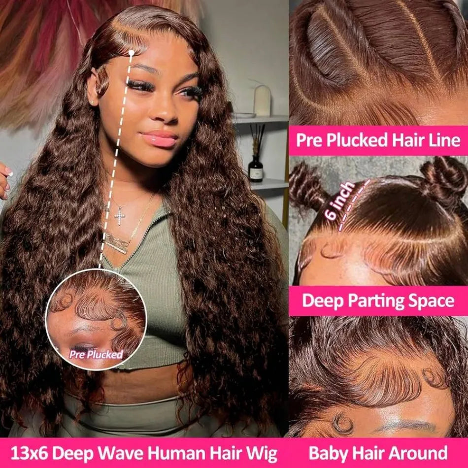 Chocolate Brown Deep Wave Human Hair Wigs Brazilian Curly Lace Front Wig 250 Density 13X6 Hd Lace Frontal Wig Preplucked 30 Inch
