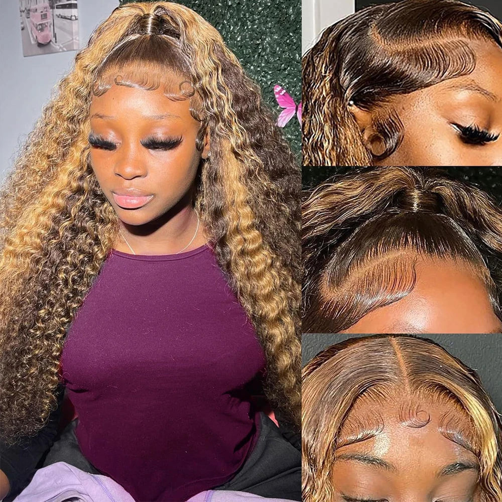 Highlight P4/27 Color Deep Wave Wig With 4c Edges Curly Baby Hair 28INCH 4x4 Lace Closure Deep Curly Human Hair Wigs Pre Plucked