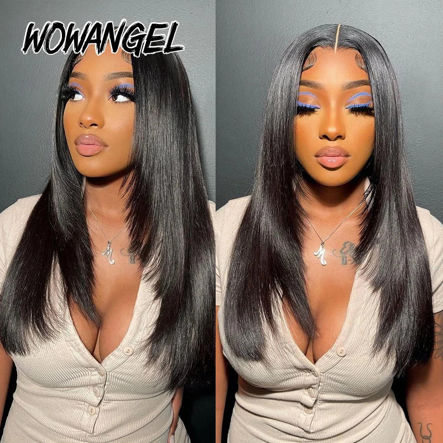 WOWANGEL 1# Jet Black Layer Cut Straight Wigs 250% 13x6 HD Lace Front Wigs Human Hair Pre Bleached Brazilian Hair For Women