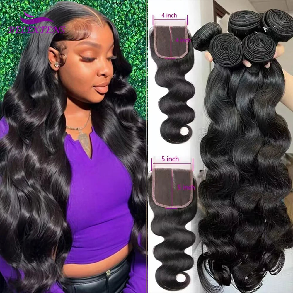 Body Wave Bundles With Closure Human Hair with 4x4/5x5 Lace Closure Hair Extension 3/4 Bundles With Closure 3-5 Days Delivery