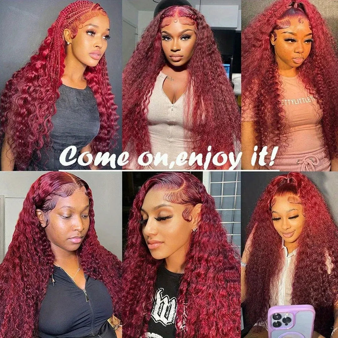 250% Density 34Inch 13x4 99J Burgundy Jerry Curly Lace Front Wigs Human Hair Red Wine Pre-plucked With Baby Hair For Women