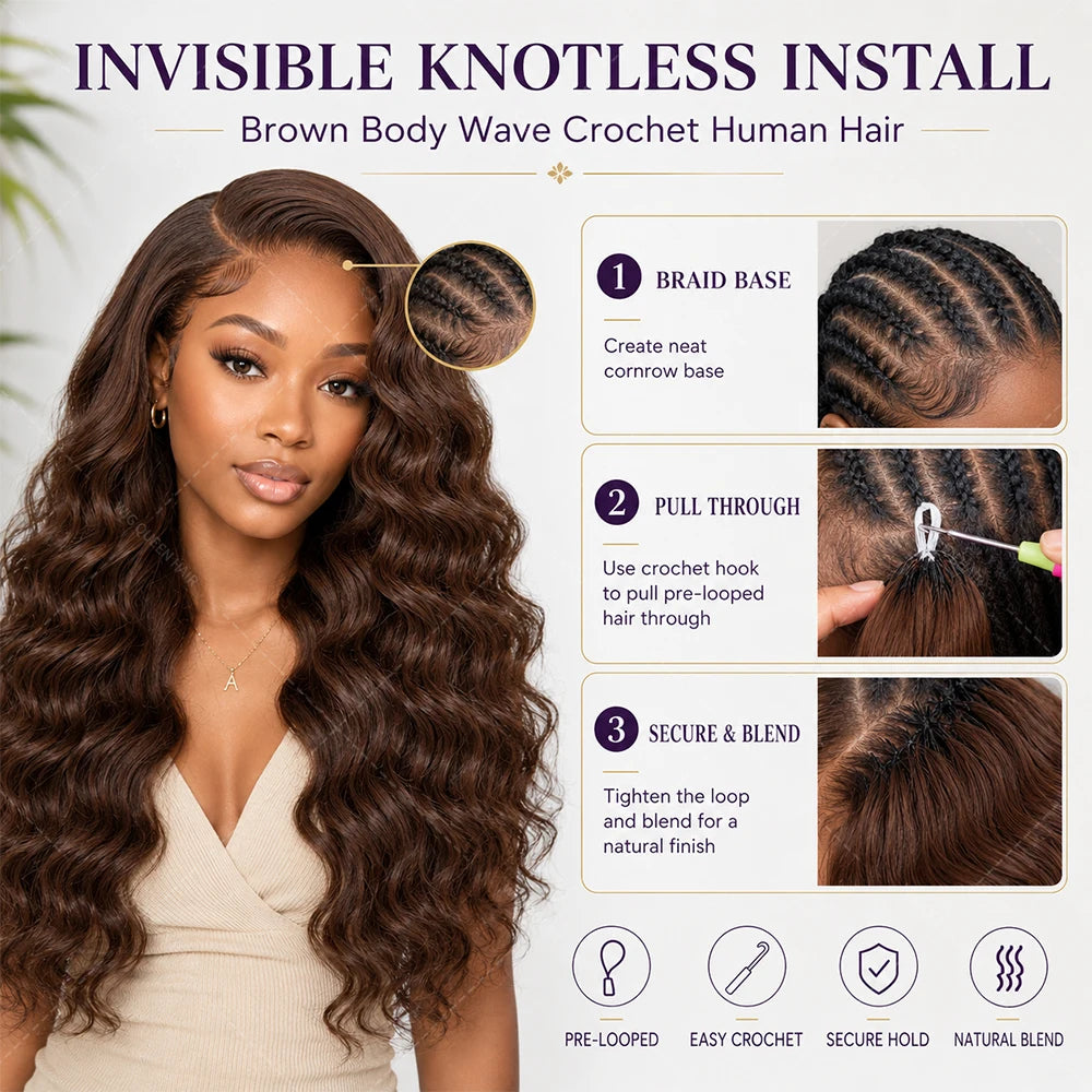 Brown Body Wave Crochet Human Hair Miracle Knots Pre Looped Soft Lightweight Natural Blend Extensions For Black Women Easy Wear