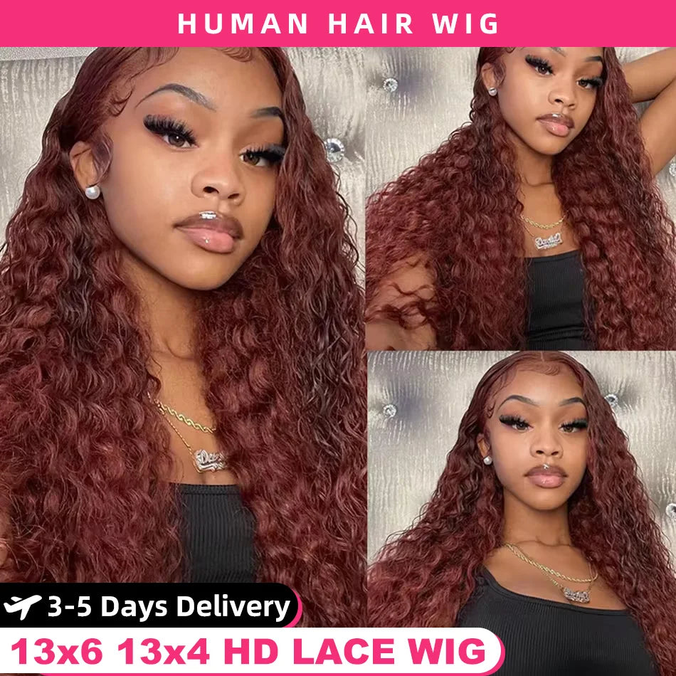 30 34 Inch Reddish Brown Deep Wave Frontal Wig  180% 13X6 HD Lace Frontal Wig Colored Deep Wave 13x4 Lace Front Human Hair Wigs