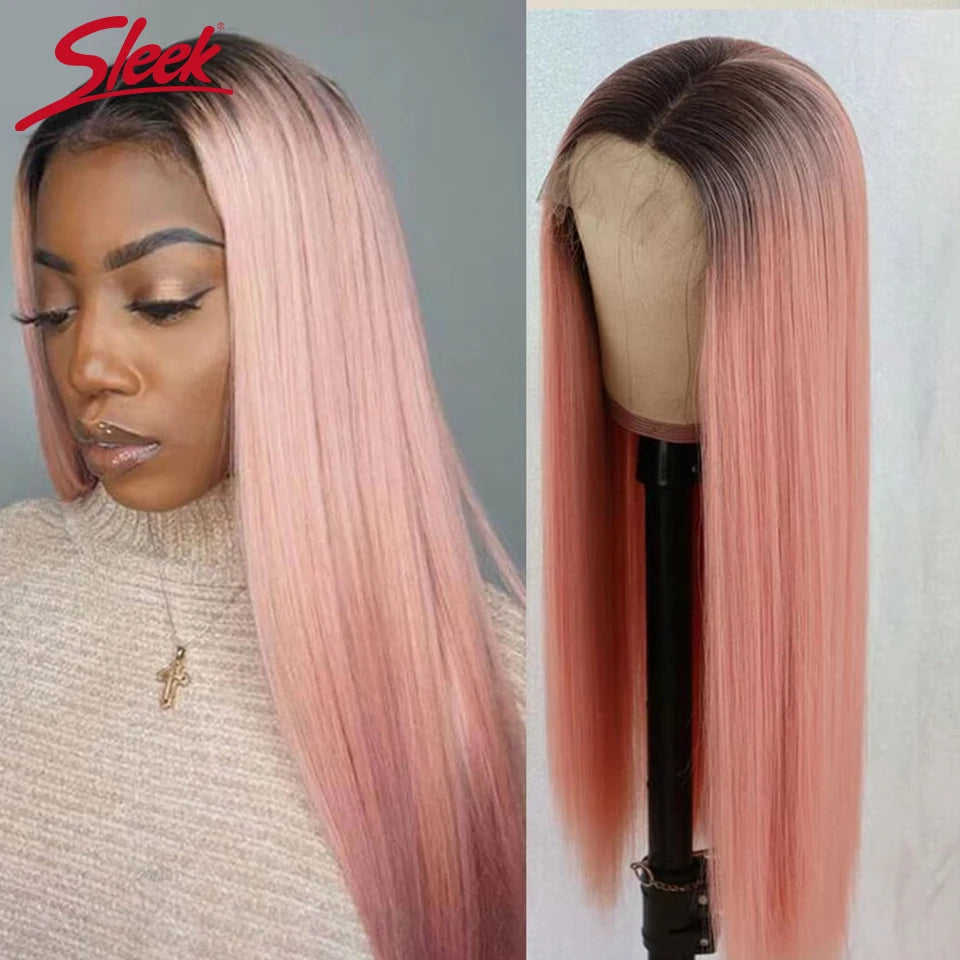 Ombre Pink Straight Lace Front Wigs 13x6x1 Lace Part Human Hair Wig For Women Transparent Lace Highlight Colored Remy Hair