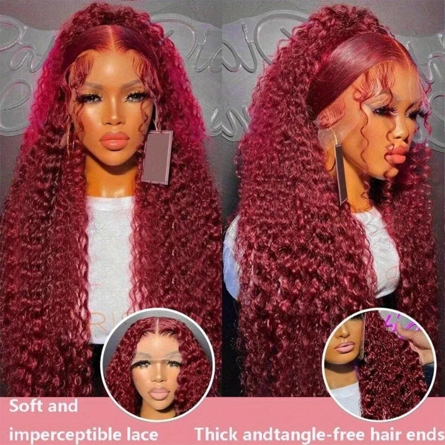 250% Density 34Inch 13x4 99J Burgundy Jerry Curly Lace Front Wigs Human Hair Red Wine Pre-plucked With Baby Hair For Women