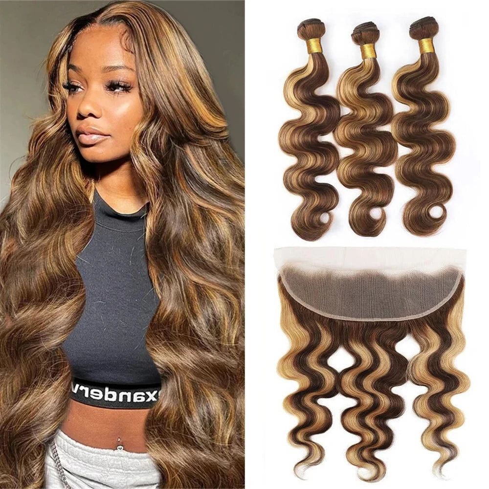 Highlight Bundles With Closure Frontal Brazilian Body Wave Ombre Blonde Human Hair Tissage Bundle With 13x4 Frontal P4/27 Color