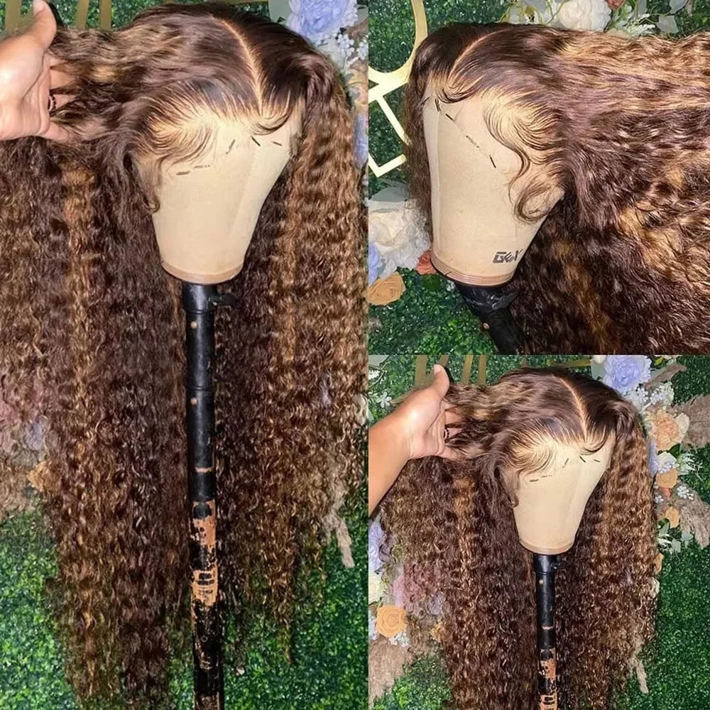 4/27 Highlight Kinky Curly Human Hair Wig Wear And Go Glueless 13x4 Lace Front Wig 200% HD Deep Wave Lace Frontal Wig PrePlucked