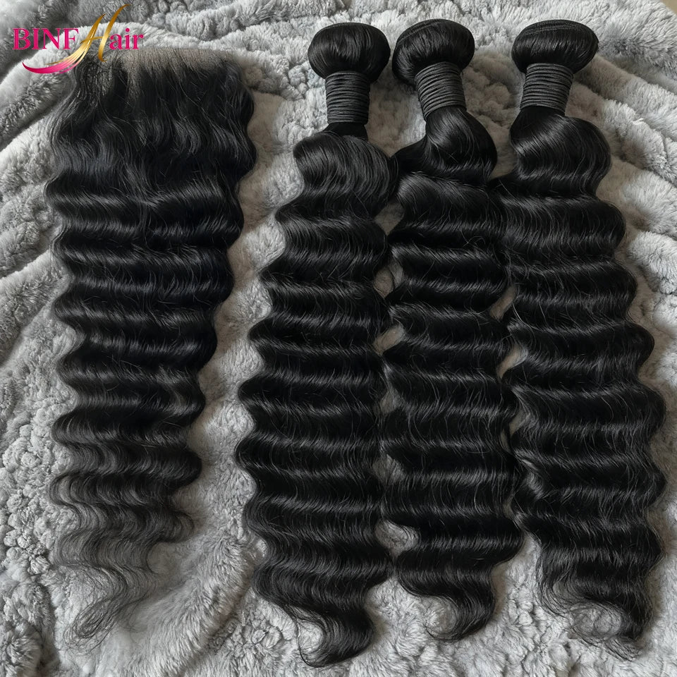 30 40 Loose Deep Wave Human Hair Bundles With HD Lace Closure Frontal Raw Virgin Hair 3/4 Bundles With Transparent Closure Hair