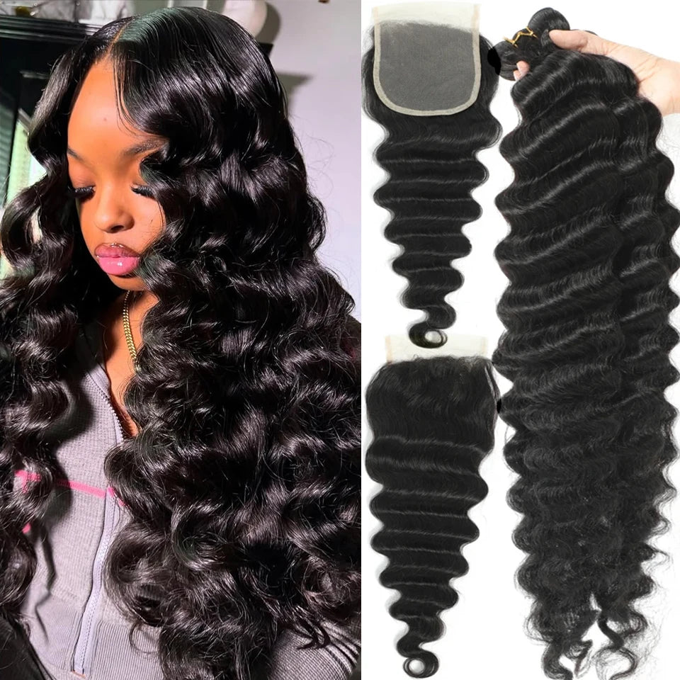 30 40 Loose Deep Wave Human Hair Bundles With HD Lace Closure Frontal Raw Virgin Hair 3/4 Bundles With Transparent Closure Hair