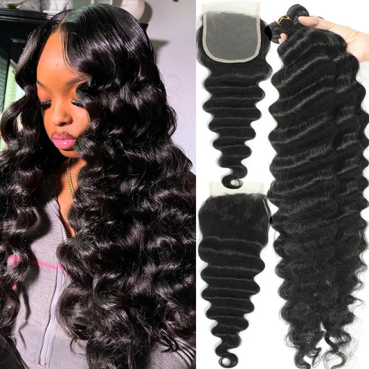 30 40 Loose Deep Wave Human Hair Bundles With HD Lace Closure Frontal Raw Virgin Hair 3/4 Bundles With Transparent Closure Hair