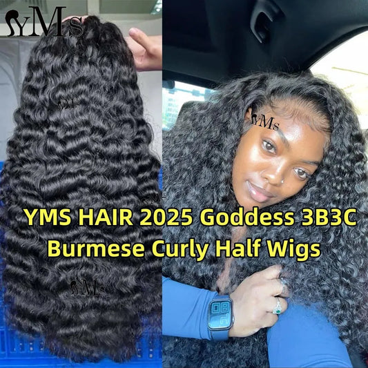 Flip Over Wig 3B3C Burmese Curly Half Wigs Human Hair YMS 350% High Density 3B3C Goddess Burmese Curly Half Wigs With Drawstring