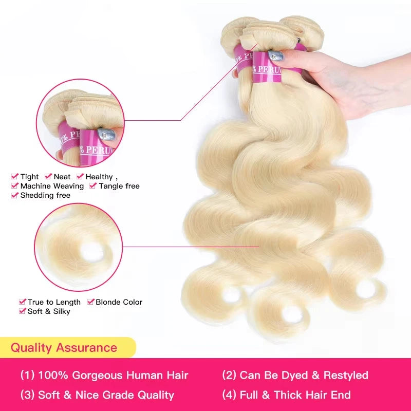 613 Blonde Color Hair Weave 1/3/4 Bundles Weaving Peruvian Body Wave Remy Hair Bundle 8 - 40 inch 100% Human Hair Weft For Women