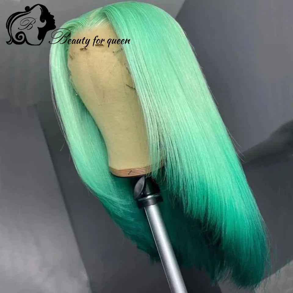 Cosplay Ombre Green Straight Short Bob Brazilian Human Hair Wig Purple Colored Transparent 13x4 HD Lace Frontal Wigs Pre Plucked