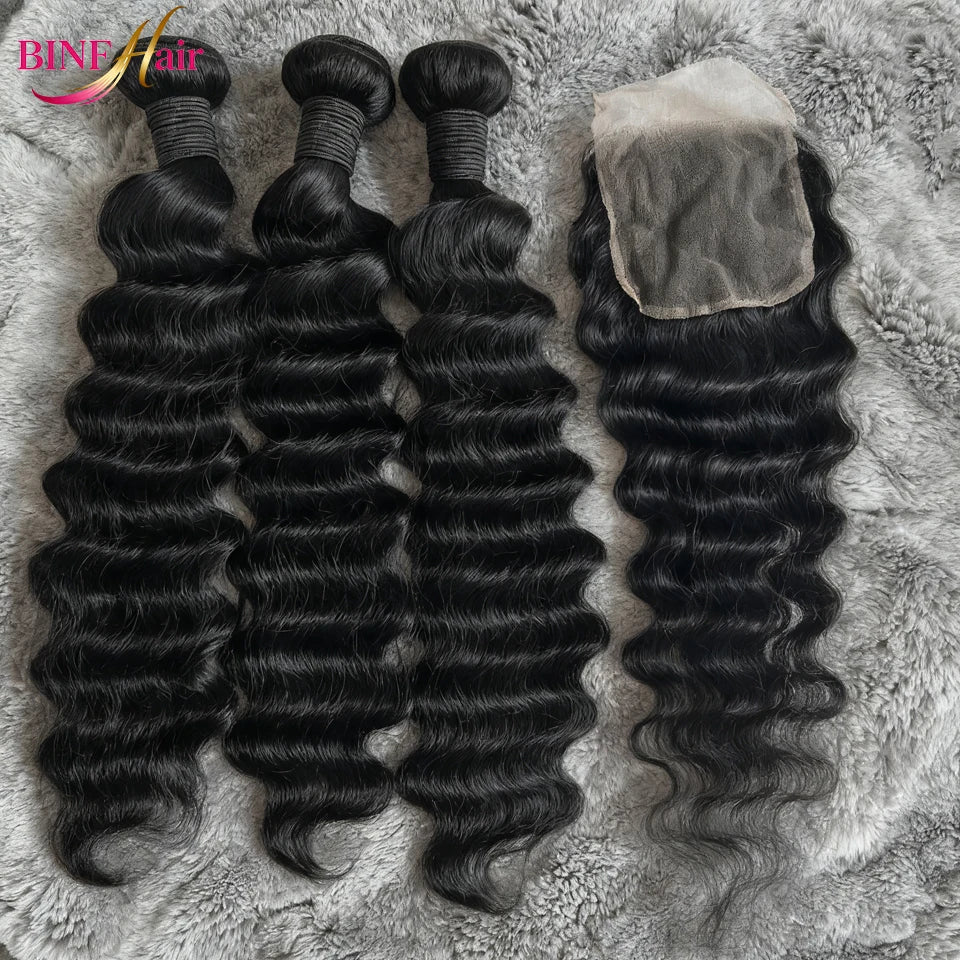 30 40 Loose Deep Wave Human Hair Bundles With HD Lace Closure Frontal Raw Virgin Hair 3/4 Bundles With Transparent Closure Hair