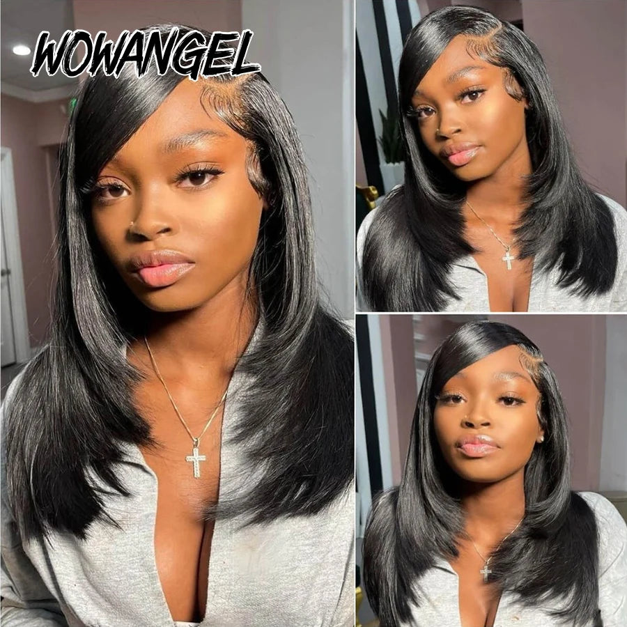 WOWANGEL 1# Jet Black Layer Cut Straight Wigs 250% 13x6 HD Lace Front Wigs Human Hair Pre Bleached Brazilian Hair For Women