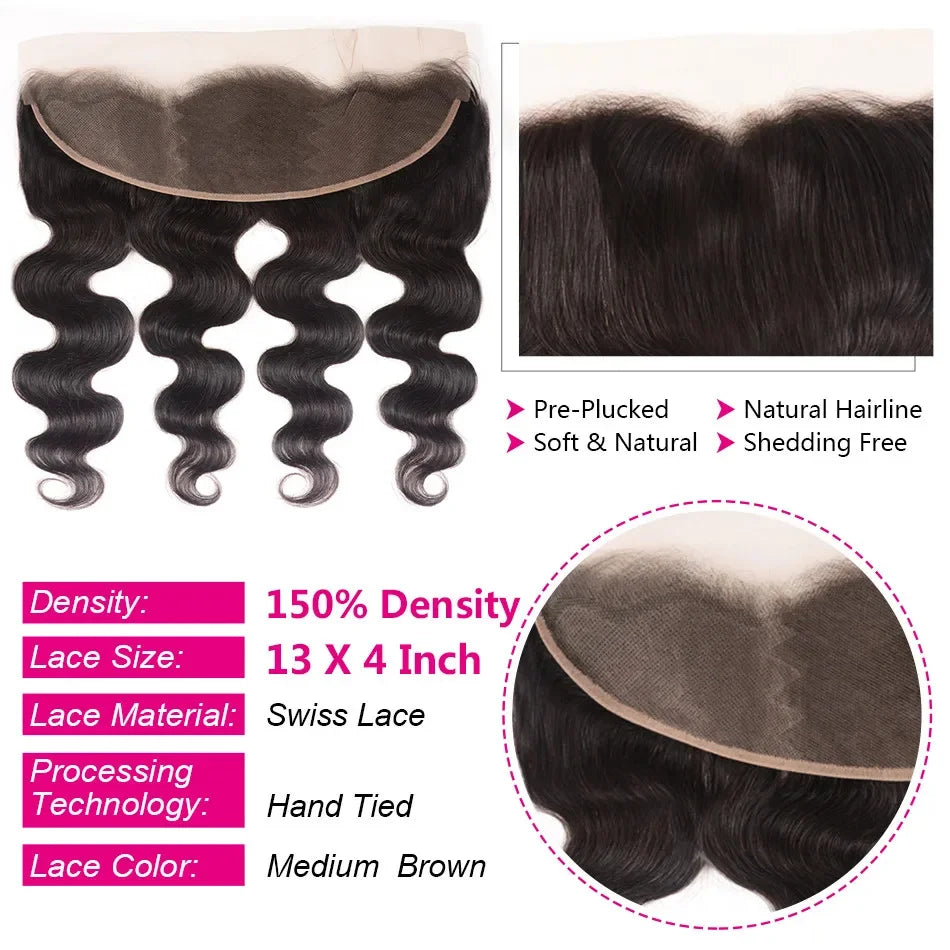 UNice Hair Body Wave Bundles With 13x4 Lace Frontal 100% Human Hair Bundles 3/4PCS With Free Part Frontal Make 250% Density Wig
