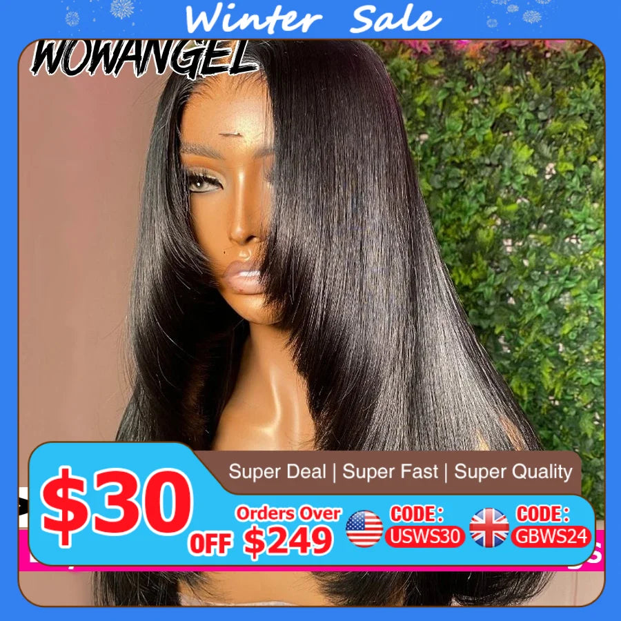 WOWANGEL 1# Jet Black Layer Cut Straight Wigs 250% 13x6 HD Lace Front Wigs Human Hair Pre Bleached Brazilian Hair For Women