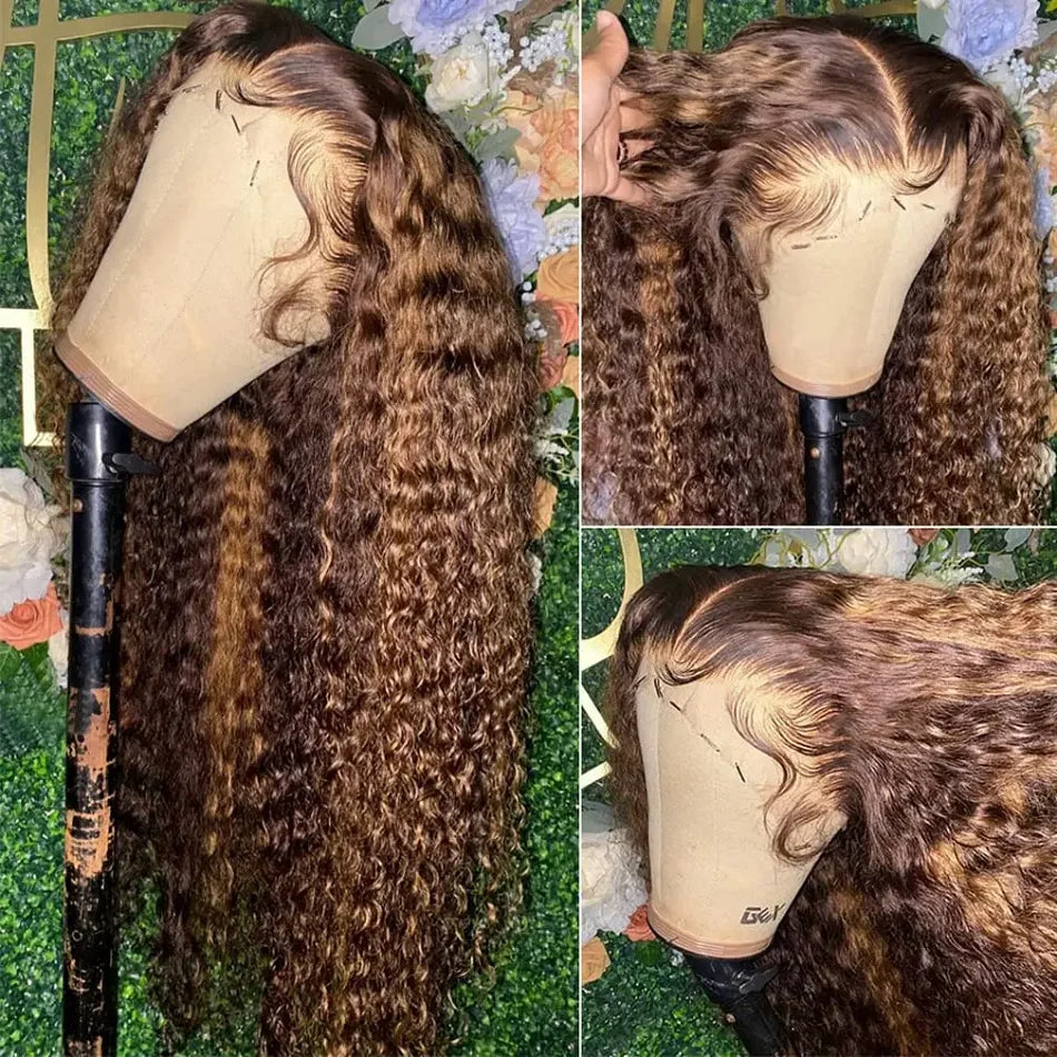 4/27 Highlight Kinky Curly Human Hair Wig Wear And Go Glueless 13x4 Lace Front Wig 200% HD Deep Wave Lace Frontal Wig PrePlucked