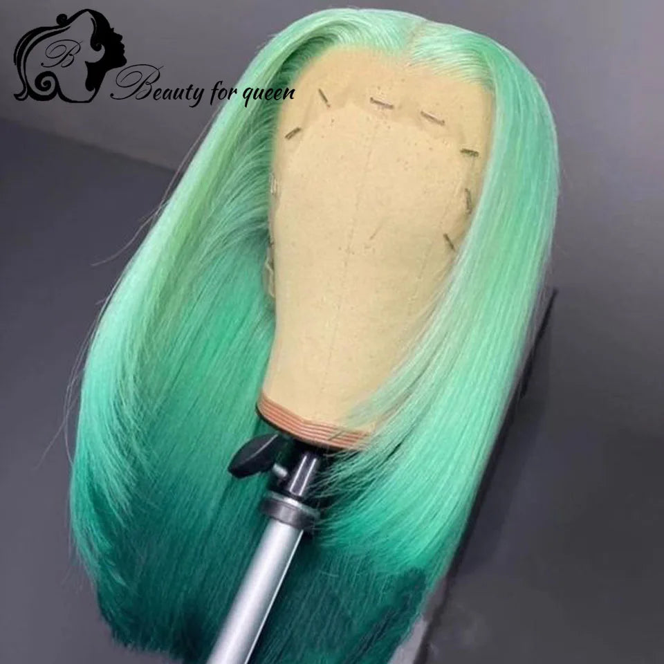 Cosplay Ombre Green Straight Short Bob Brazilian Human Hair Wig Purple Colored Transparent 13x4 HD Lace Frontal Wigs Pre Plucked