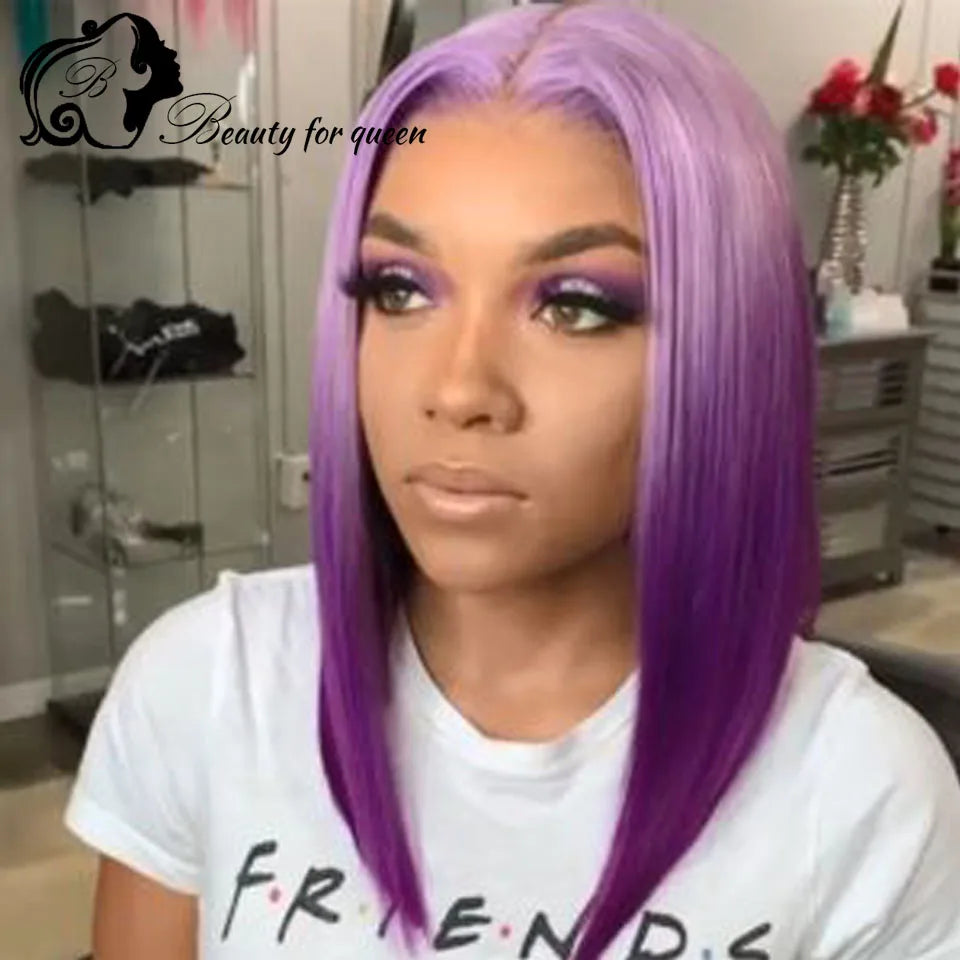 Cosplay Ombre Green Straight Short Bob Brazilian Human Hair Wig Purple Colored Transparent 13x4 HD Lace Frontal Wigs Pre Plucked