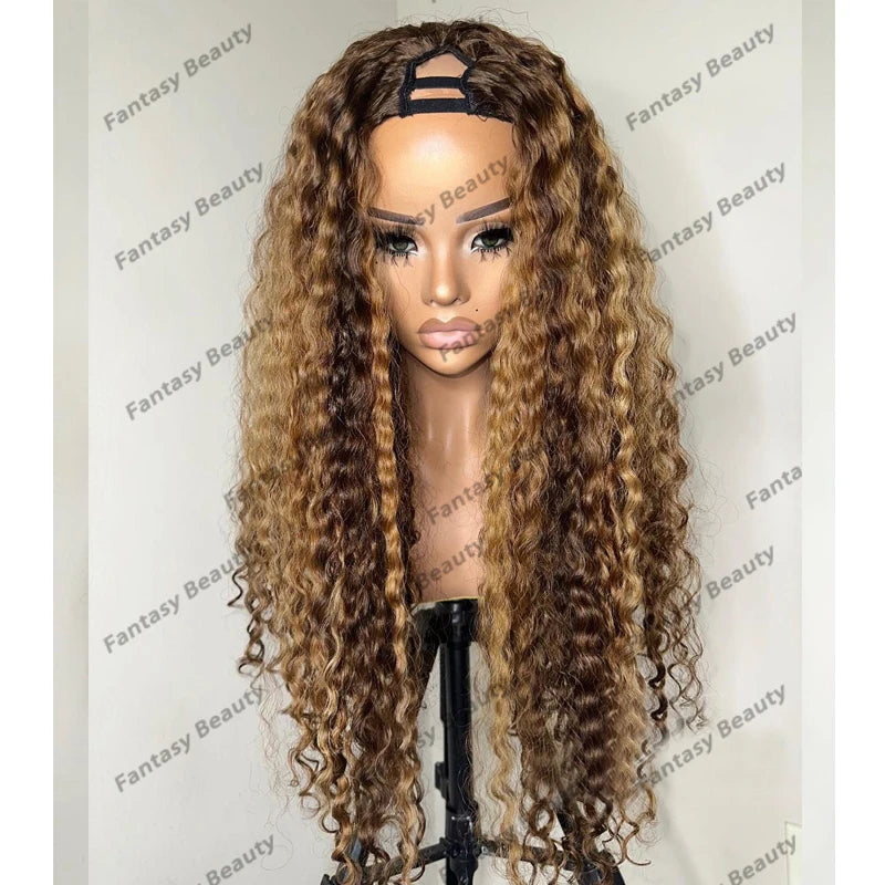 Long 30Inches Highlight #4/#27 Honey Blonde 1x4 Opening U Part Wigs 100% Human Hair Full Ends Glueless 200Density V Part Wigs